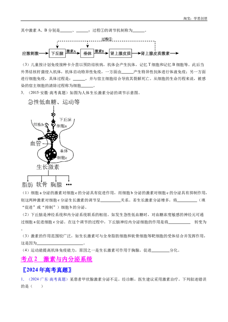 专题18体液调节-好题汇编十年（2015-2024）高考生物真题分类汇编（全国通用）（原卷版）_生物真题汇总_十年（2014-2024）高考生物真题分项汇编（全国通用）