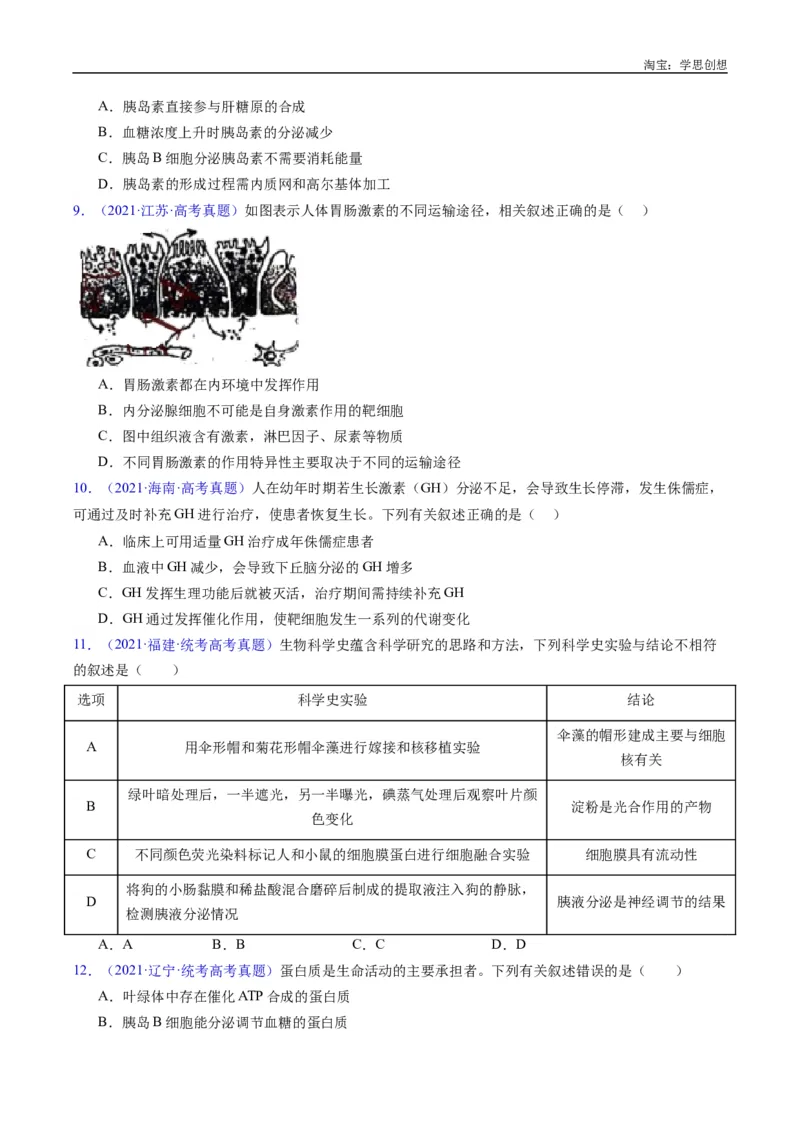 专题18体液调节-好题汇编十年（2015-2024）高考生物真题分类汇编（全国通用）（原卷版）_生物真题汇总_十年（2014-2024）高考生物真题分项汇编（全国通用）