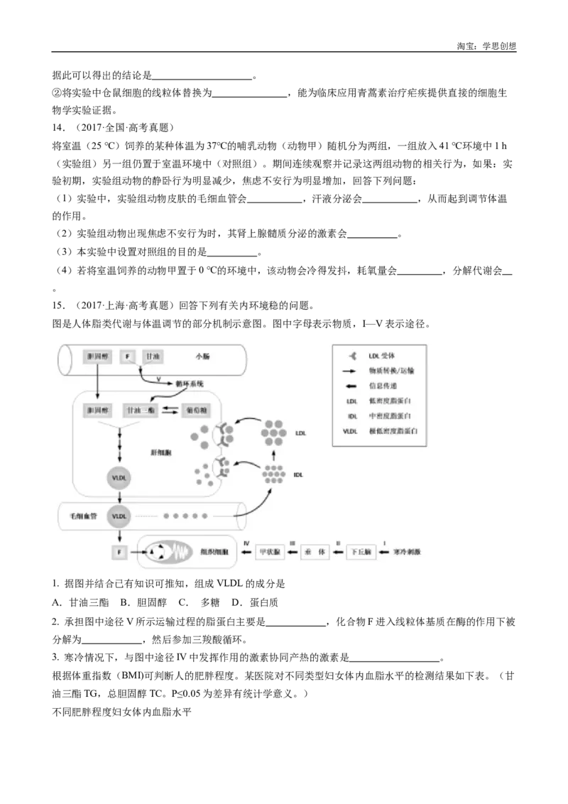专题18体液调节-好题汇编十年（2015-2024）高考生物真题分类汇编（全国通用）（原卷版）_生物真题汇总_十年（2014-2024）高考生物真题分项汇编（全国通用）