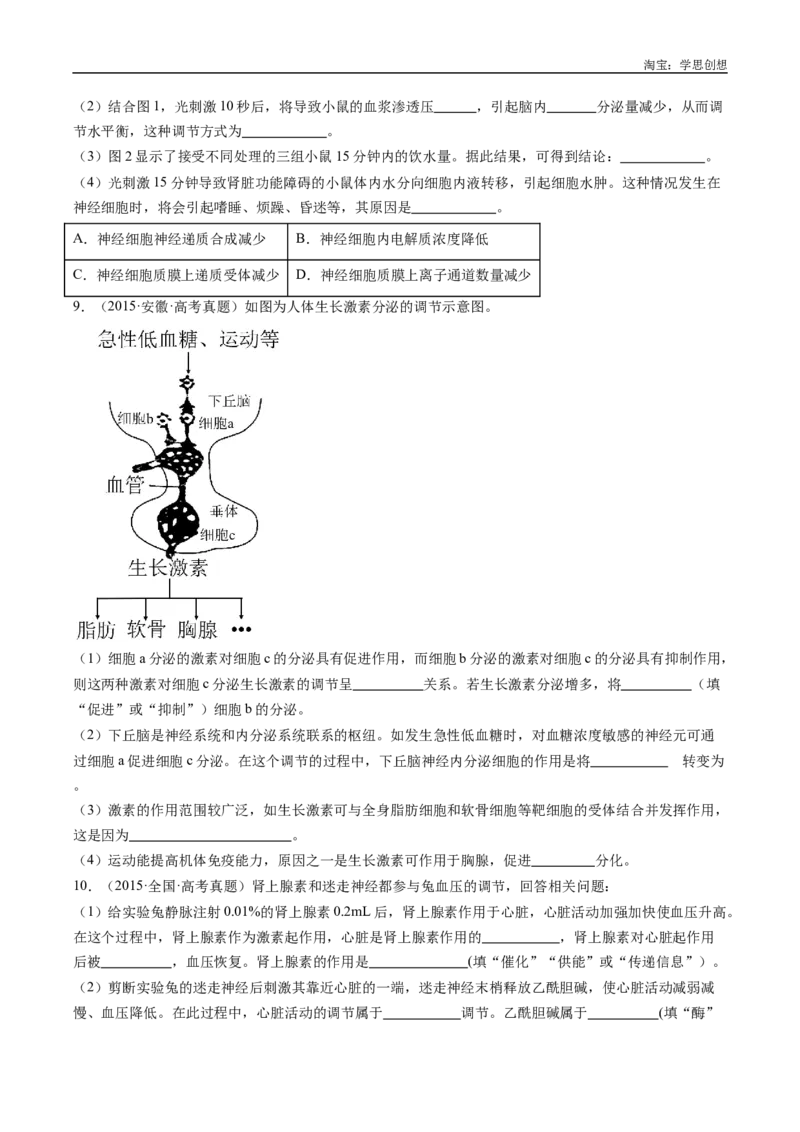 专题18体液调节-好题汇编十年（2015-2024）高考生物真题分类汇编（全国通用）（原卷版）_生物真题汇总_十年（2014-2024）高考生物真题分项汇编（全国通用）