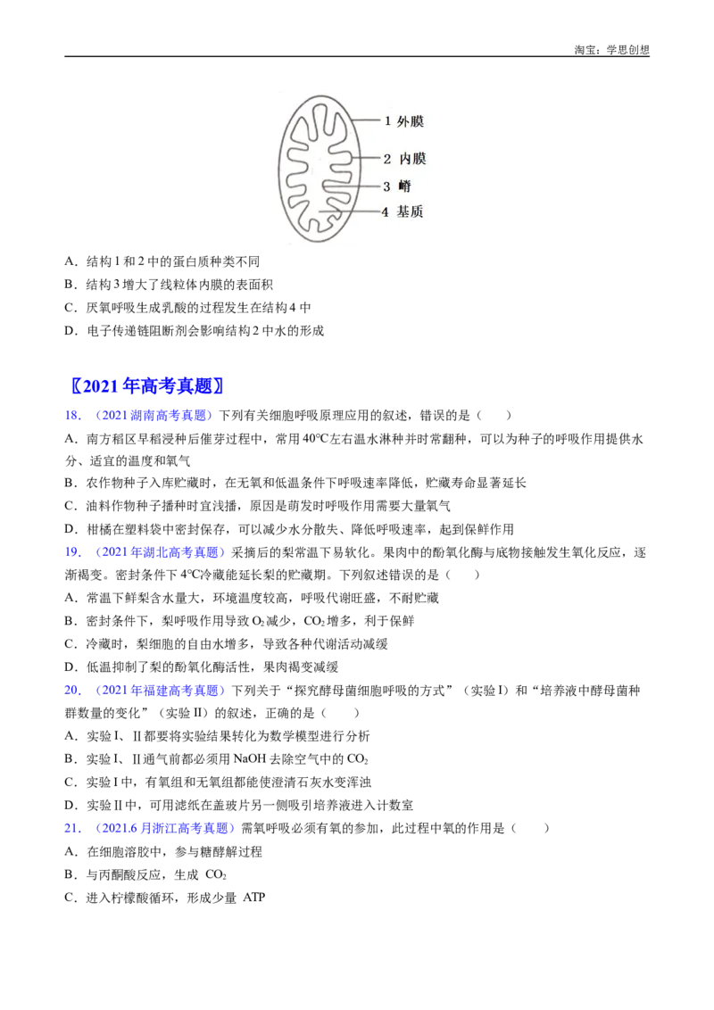 专题05细胞呼吸-好题汇编十年（2015-2024）高考生物真题分类汇编（全国通用）（原卷版）_生物真题汇总_十年（2014-2024）高考生物真题分项汇编（全国通用）