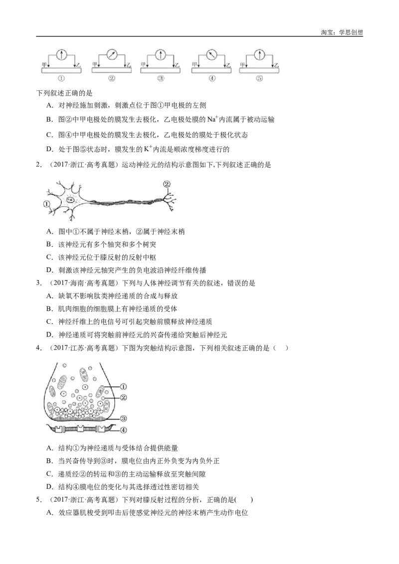 专题17神经调节-好题汇编十年（2015-2024）高考生物真题分类汇编（全国通用）（原卷版）_生物真题汇总_十年（2014-2024）高考生物真题分项汇编（全国通用）