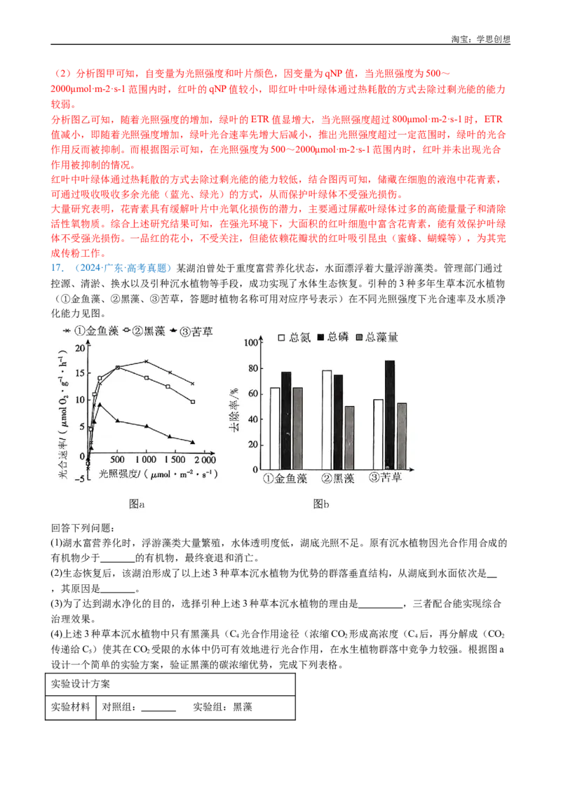 专题06光合作用-好题汇编十年（2015-2024）高考生物真题分类汇编（全国通用）（解析版）_生物真题汇总_十年（2014-2024）高考生物真题分项汇编（全国通用）
