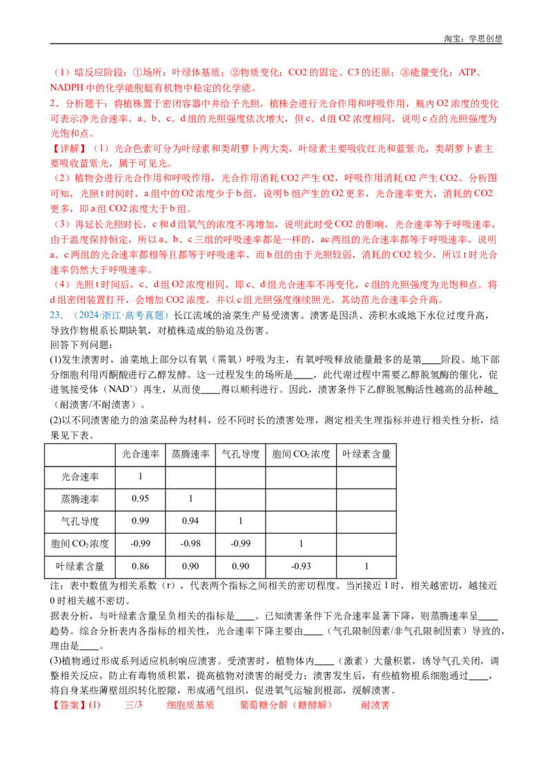 专题06光合作用-好题汇编十年（2015-2024）高考生物真题分类汇编（全国通用）（解析版）_生物真题汇总_十年（2014-2024）高考生物真题分项汇编（全国通用）