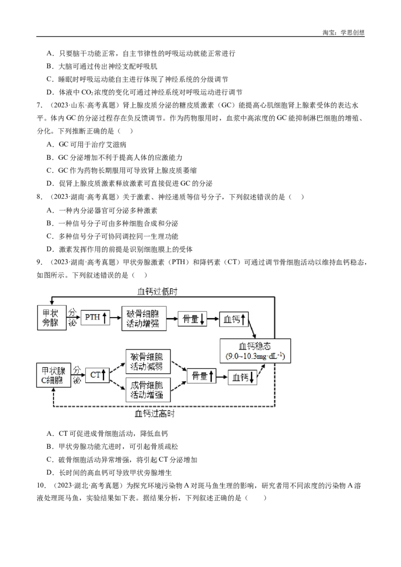 专题20动物生命活动的调节-好题汇编十年（2015-2024）高考生物真题分类汇编（全国通用）（原卷版）_生物真题汇总_十年（2014-2024）高考生物真题分项汇编（全国通用）