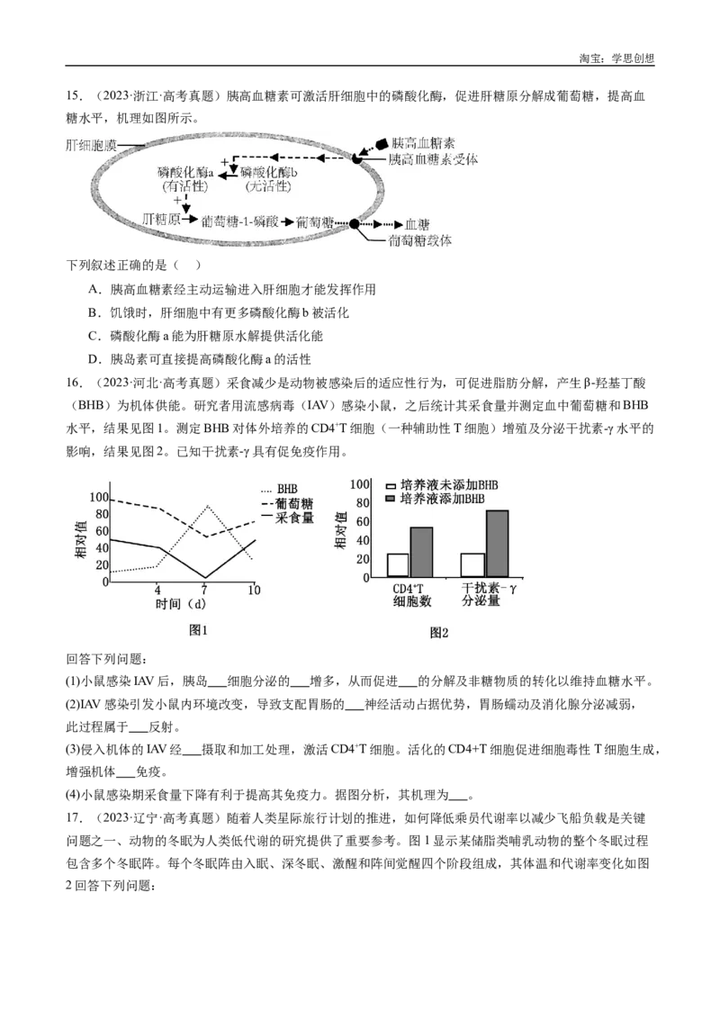 专题20动物生命活动的调节-好题汇编十年（2015-2024）高考生物真题分类汇编（全国通用）（原卷版）_生物真题汇总_十年（2014-2024）高考生物真题分项汇编（全国通用）