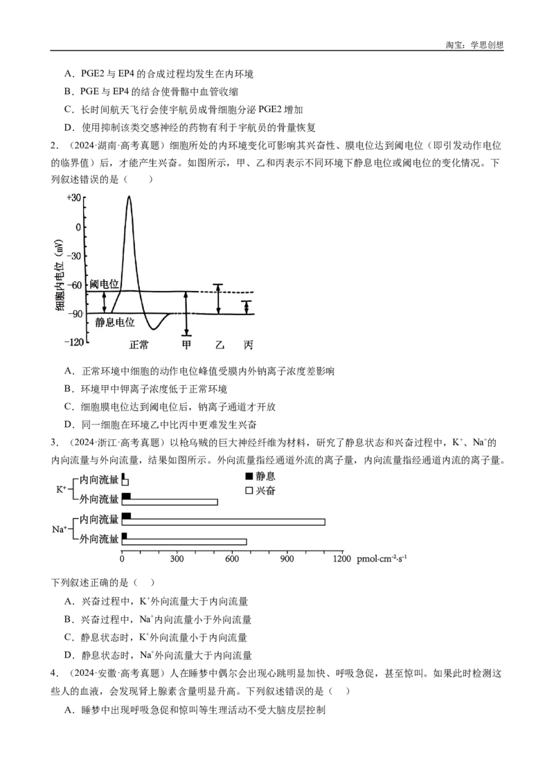 专题20动物生命活动的调节-好题汇编十年（2015-2024）高考生物真题分类汇编（全国通用）（原卷版）_生物真题汇总_十年（2014-2024）高考生物真题分项汇编（全国通用）