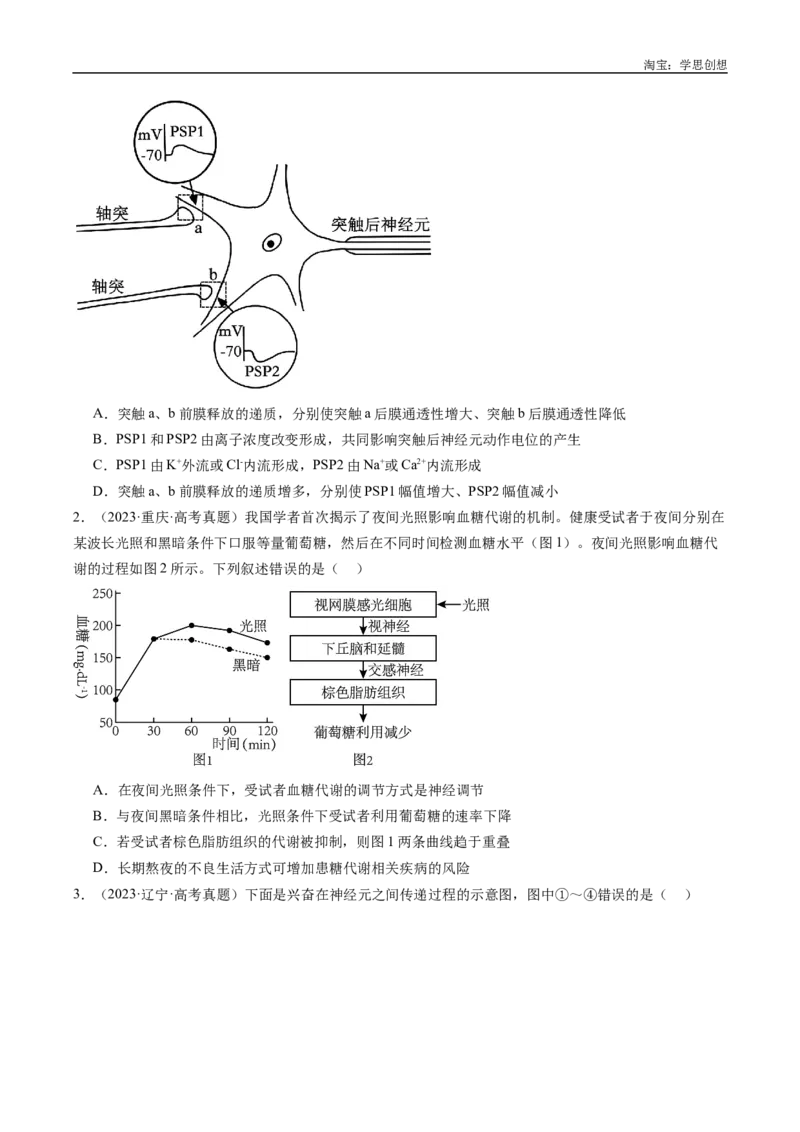 专题20动物生命活动的调节-好题汇编十年（2015-2024）高考生物真题分类汇编（全国通用）（原卷版）_生物真题汇总_十年（2014-2024）高考生物真题分项汇编（全国通用）