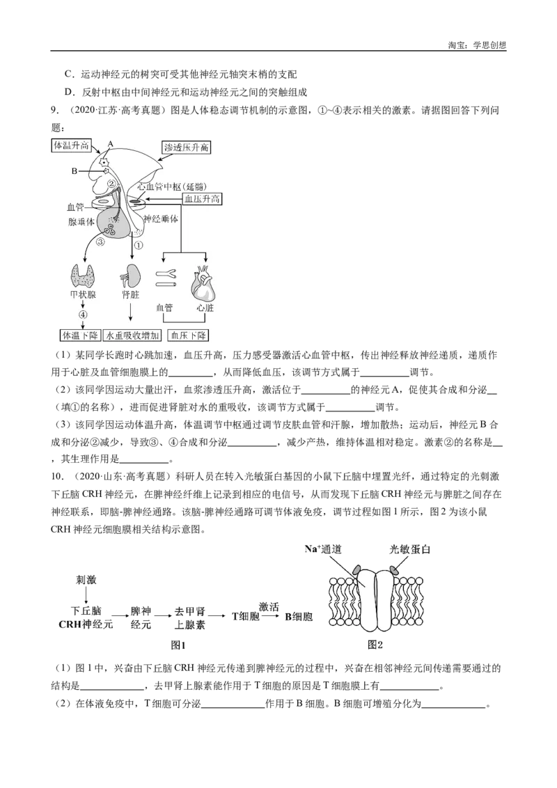 专题20动物生命活动的调节-好题汇编十年（2015-2024）高考生物真题分类汇编（全国通用）（原卷版）_生物真题汇总_十年（2014-2024）高考生物真题分项汇编（全国通用）
