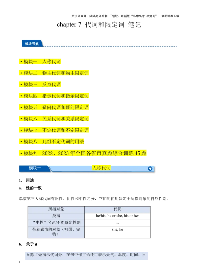 Chapter7代词和限定词笔记（全国通用）（原卷版）_02中考总复习（2026版更新中）_03-英语-中考总复习_2024年中考复习资料_专项复习资料_语法宝典备战2024年中考英语语法培优生笔记