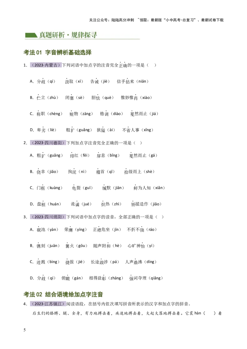专题01字音字形（讲练）-2024年中考语文二轮复习讲练测（全国通用）（原卷版）_02中考总复习（2026版更新中）_01-语文-中考总复习_2024年中考资料_二轮复习_讲义