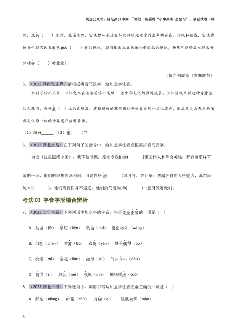 专题01字音字形（讲练）-2024年中考语文二轮复习讲练测（全国通用）（原卷版）_02中考总复习（2026版更新中）_01-语文-中考总复习_2024年中考资料_二轮复习_讲义