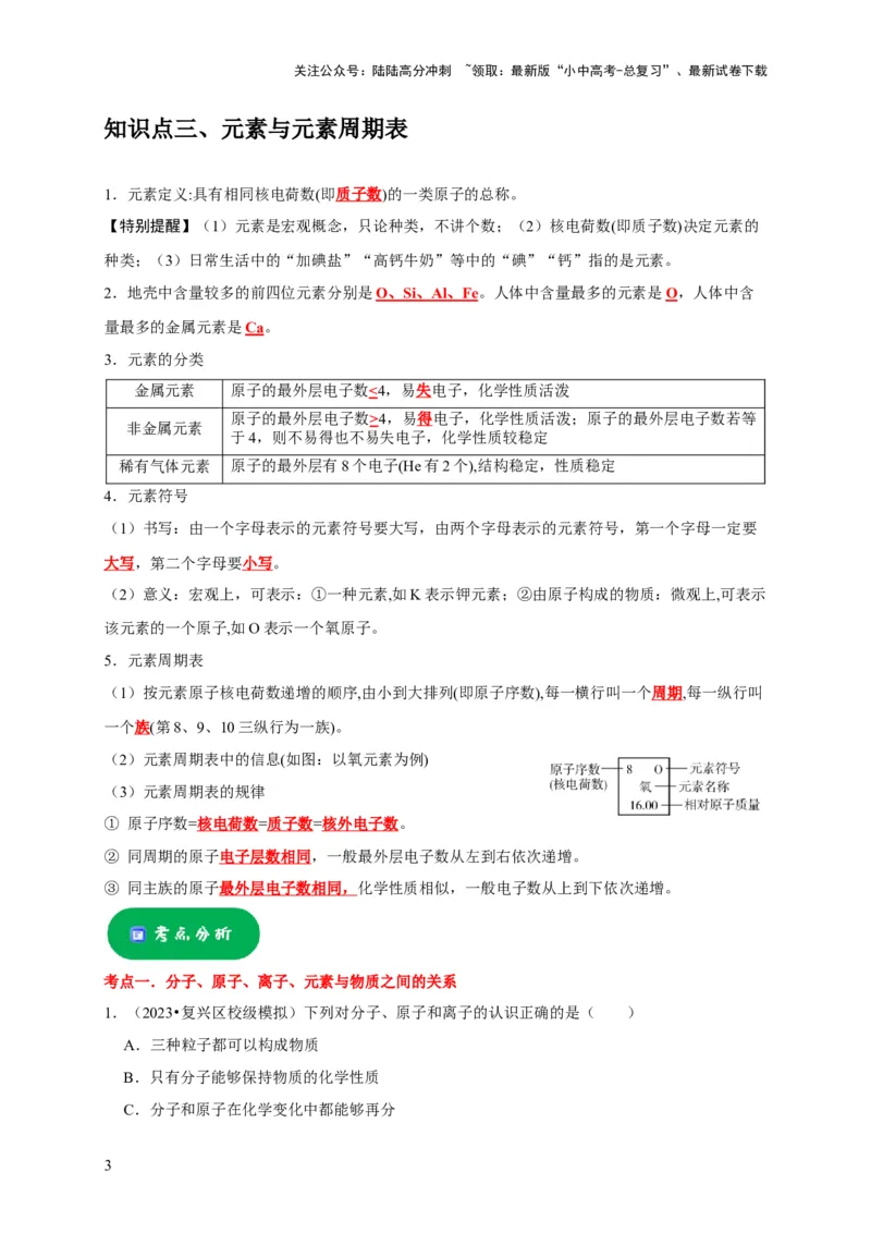 专题01物质的构成与组成（解析版）_02中考总复习（2026版更新中）_05-化学-中考总复习_2024年中考复习资料_专项复习资料_2024年中考化学复习考点一遍过（全国通用）