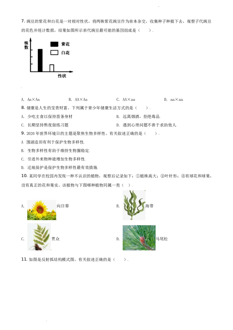 江苏省连云港市2020年中考生物试题（原卷版）_江苏省中考_01江苏省13市中考历年真题2008-2025新_、中考全套_江苏省中考历年真题_江苏中考生物(2010年-2024年）