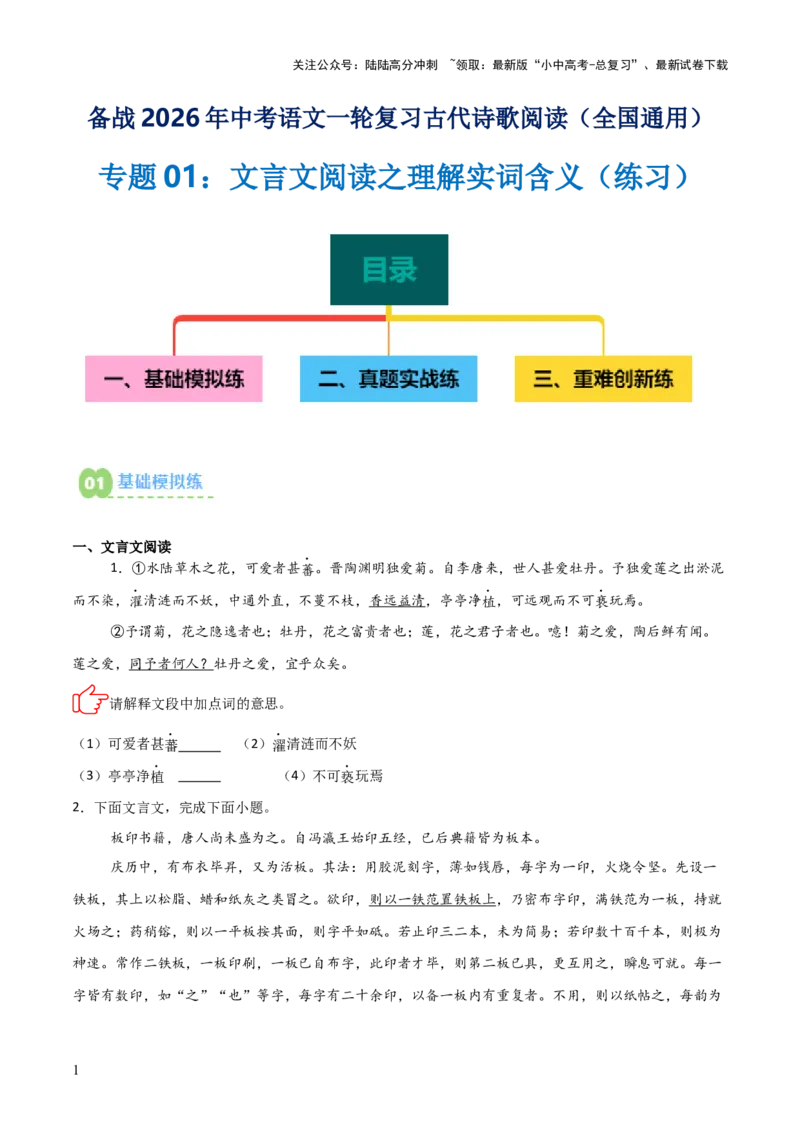 专题01：文言文阅读之理解实词含义(练习）原卷版_02中考总复习（2026版更新中）_01-语文-中考总复习_2026年中考复习（更新中）