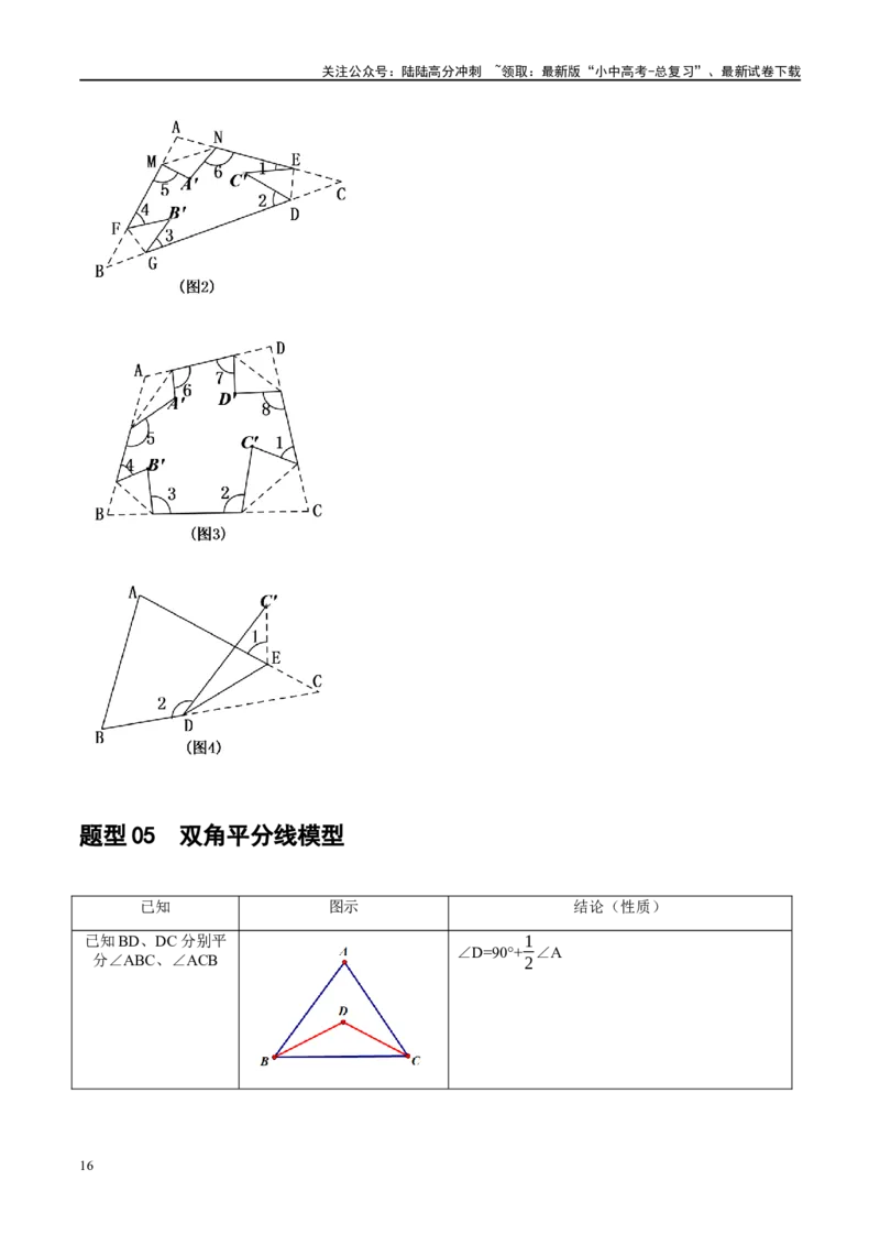 ❤重难点07三角形的6种模型（A字、8字、飞镖、老鹰抓小鸡、双角平分线模型、三角形折叠）（原卷版）_02中考总复习（2026版更新中）_02-数学-中考总复习_2024年中考复习资料_重难点突破