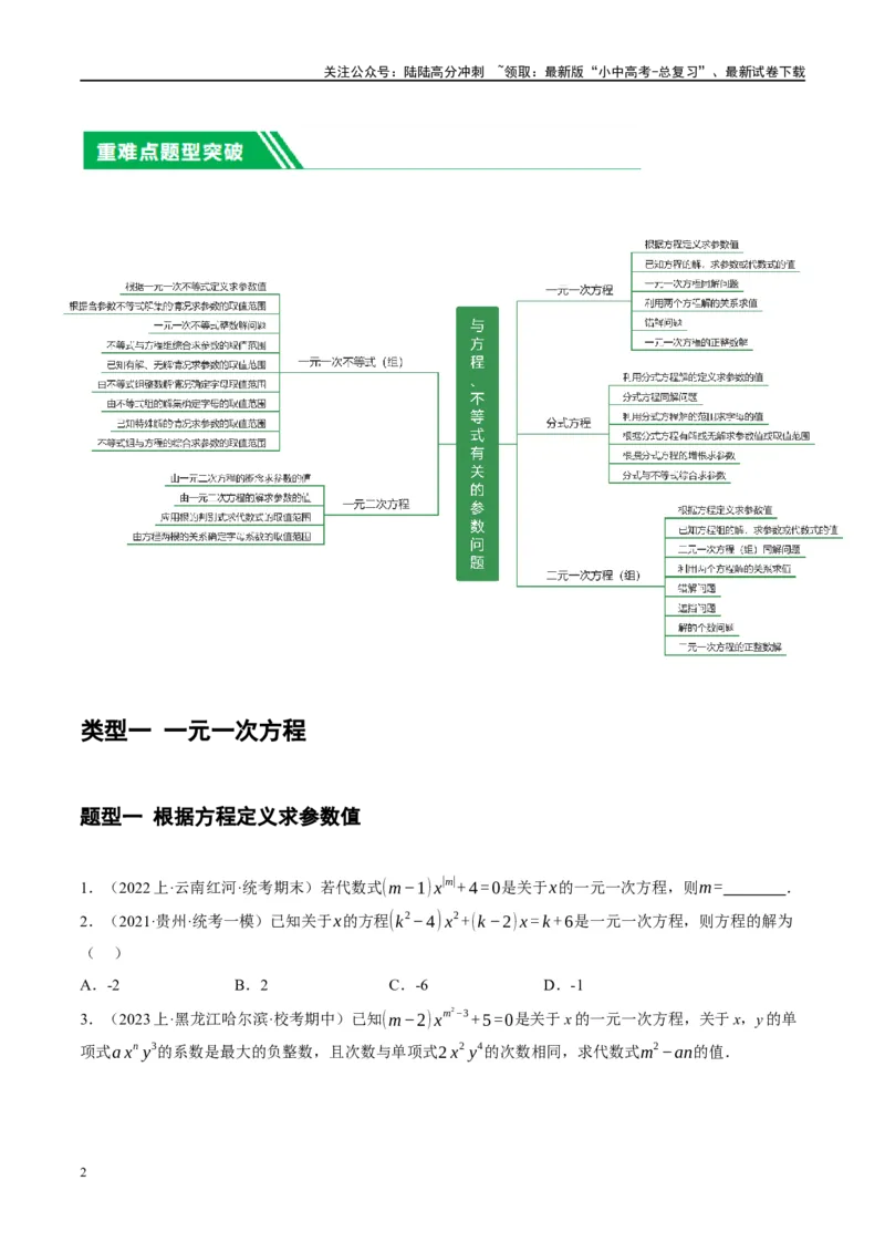 ❤重难点02与方程、不等式有关的参数问题（原卷版）_02中考总复习（2026版更新中）_02-数学-中考总复习_2024年中考复习资料_一轮复习资料_重难点突破