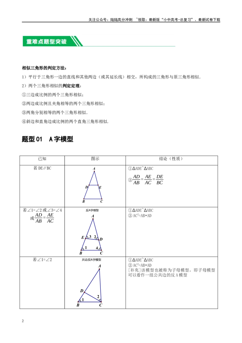 ❤重难点09相似三角形8种模型（A字、8字、射影定理、一线三等角、线束模型、三角形内接矩形、三平行模型、旋转相似模型）（原卷版）_02中考总复习（2026版更新中）_02-数学-中考总复习
