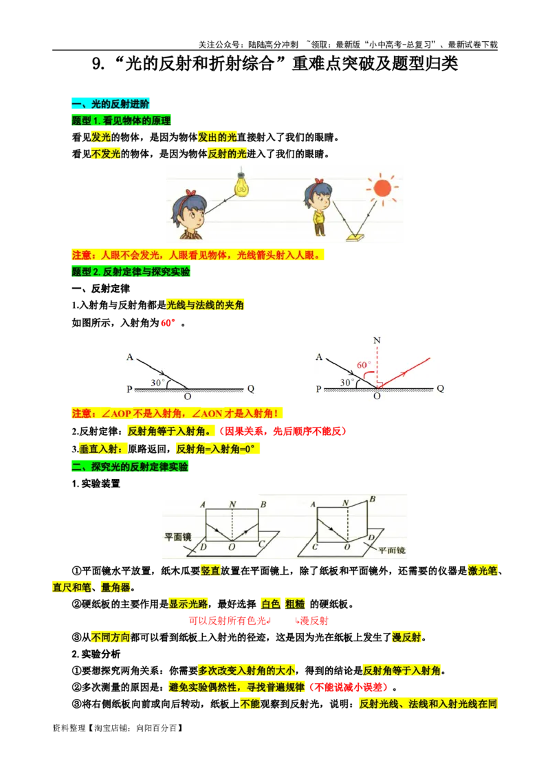 9.&ldquo;光的反射和折射综合&rdquo;-2024年中考物理重难点突破及题型归类总复习_02中考总复习（2026版更新中）_04-物理-中考总复习_2024年中考复习资料_专项复习资料_2024年中考物理复习辅导系列