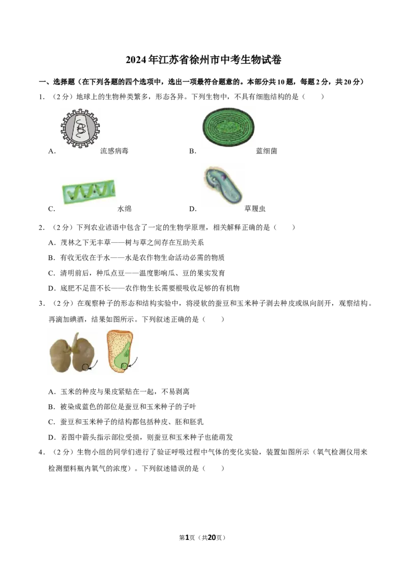 2024年江苏省徐州市中考生物试卷_江苏省中考_01江苏省13市中考历年真题2008-2025新_、中考全套_江苏省中考历年真题_江苏中考生物(2010年-2024年）