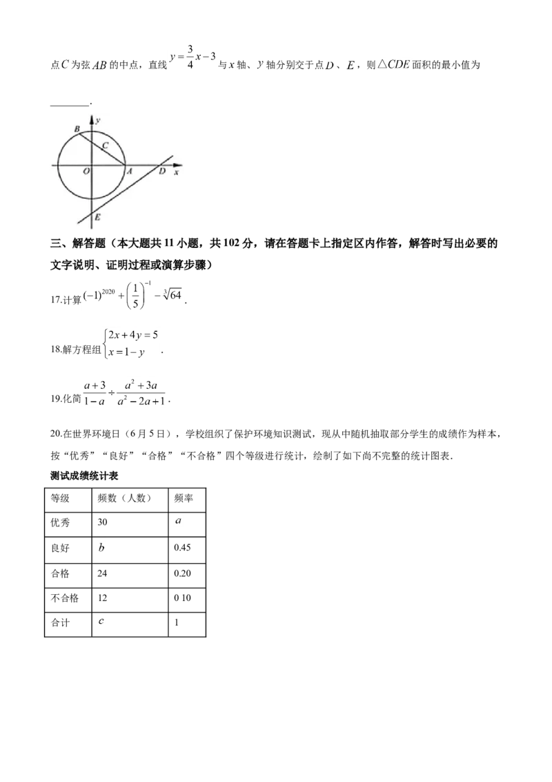2020年江苏省连云港市中考数学试题及答案_江苏省中考_01江苏省13市中考历年真题2008-2025新_、中考全套_江苏省中考历年真题_江苏省中考数学2008-2024