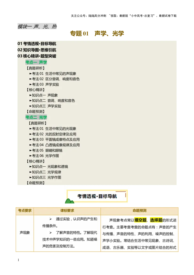 专题01声学、光学（讲练）（原卷版）_02中考总复习（2026版更新中）_04-物理-中考总复习_2025年中考复习资料_2025中考二轮课件ppt+讲义+练习物理_讲义+练习