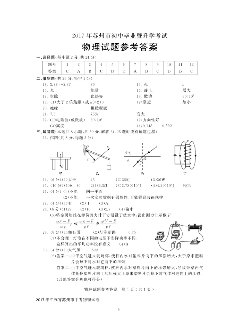 2017年苏州市中考物理试题及答案(word版)_江苏省中考_01江苏省13市中考历年真题2008-2025新_、中考全套_江苏省中考历年真题_江苏省中考物理2008-2024