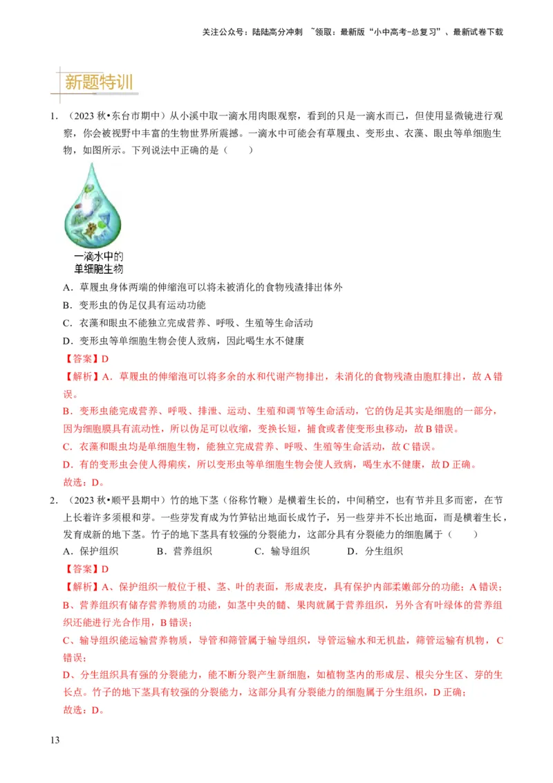 专题01生物体的结构层次（解析版）_02中考总复习（2026版更新中）_08-生物-中考总复习_2024年中考复习资料_专项复习_备战2024年中考生物真题题源解密