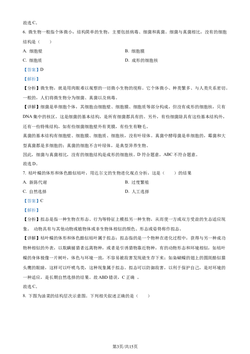 2024年江苏省连云港市中考生物真题（解析版）_江苏省中考_01江苏省13市中考历年真题2008-2025新_、中考全套_江苏省中考历年真题_江苏中考生物(2010年-2024年）
