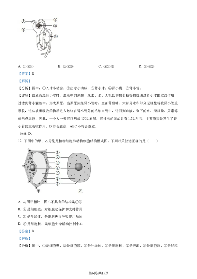 2024年江苏省连云港市中考生物真题（解析版）_江苏省中考_01江苏省13市中考历年真题2008-2025新_、中考全套_江苏省中考历年真题_江苏中考生物(2010年-2024年）