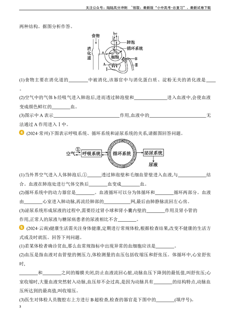 专项02　消化、呼吸、循环和泌尿系统综合2025年中考生物学专题复习（含答案）_02中考总复习（2026版更新中）_08-生物-中考总复习_2025中考复习资料