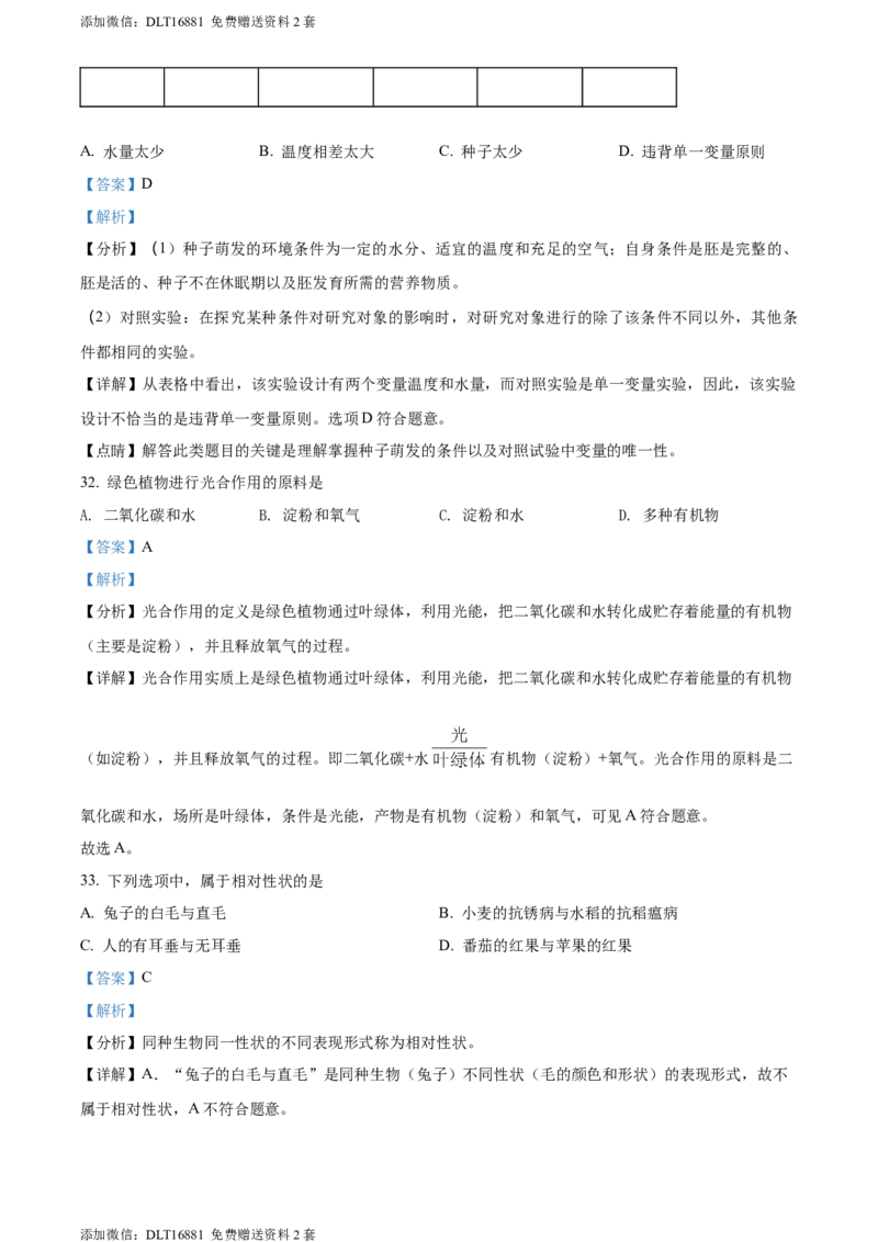 精品解析：2022年江苏省宿迁市中考生物真题（解析版）_江苏省中考_01江苏省13市中考历年真题2008-2025新_、中考全套_江苏省中考历年真题_江苏中考生物(2010年-2024年）