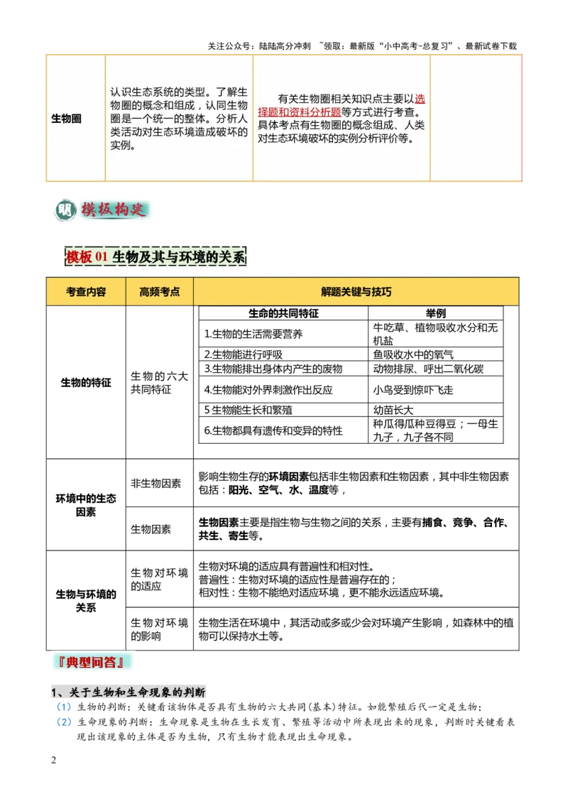 专题01生物与环境（2大模板）（原卷版）_02中考总复习（2026版更新中）_08-生物-中考总复习_2025中考复习资料_2025年中考生物答题方法模板
