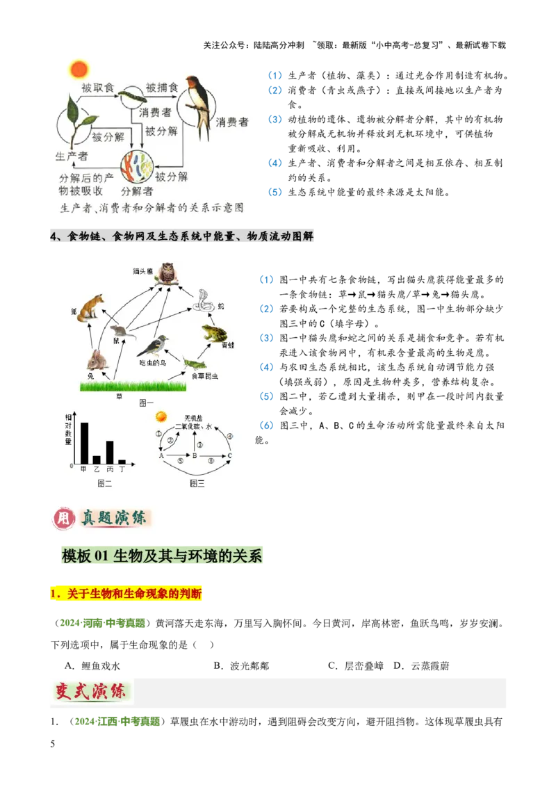 专题01生物与环境（2大模板）（原卷版）_02中考总复习（2026版更新中）_08-生物-中考总复习_2025中考复习资料_2025年中考生物答题方法模板