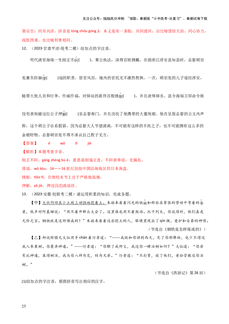 专题01字音字形（讲练）-2024年中考语文二轮复习讲练测（全国通用）（解析版）_02中考总复习（2026版更新中）_01-语文-中考总复习_2024年中考资料_二轮复习_讲义