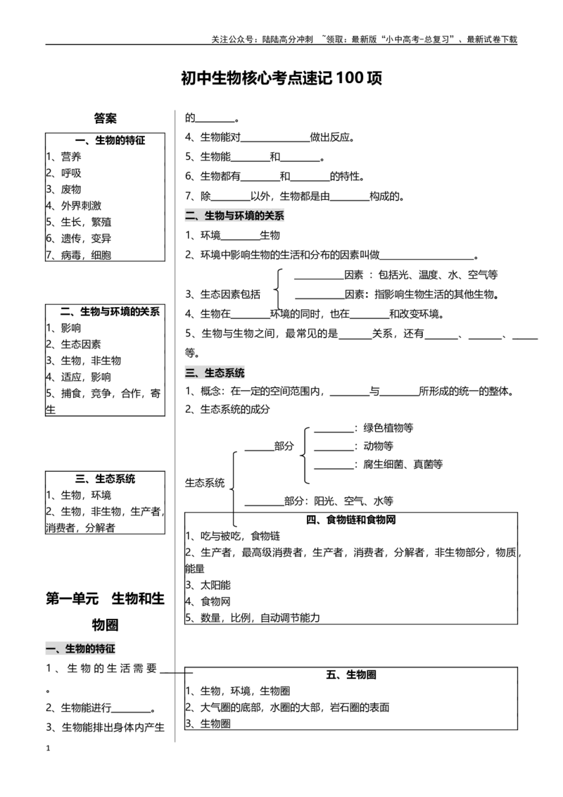 ❤初中生物核心考点速记100项_02中考总复习（2026版更新中）_08-生物-中考总复习_2024年中考复习资料_专项复习