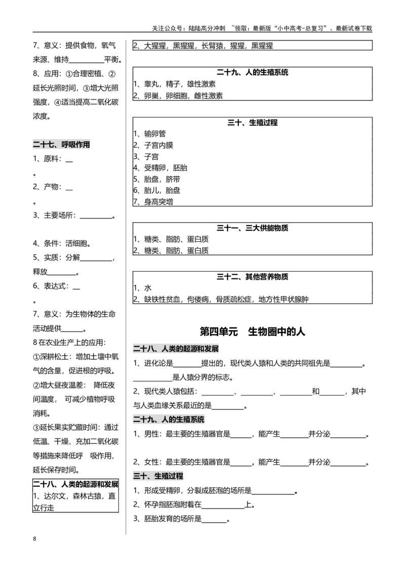 ❤初中生物核心考点速记100项_02中考总复习（2026版更新中）_08-生物-中考总复习_2024年中考复习资料_专项复习
