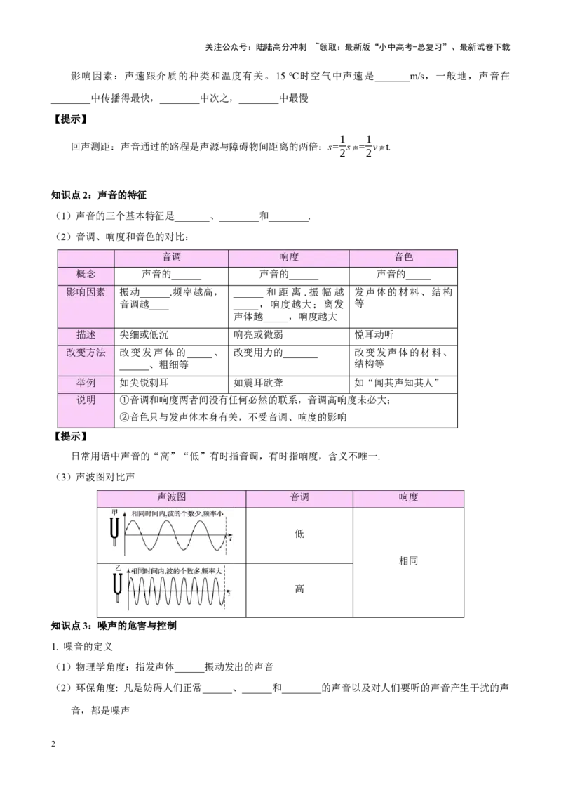 专题01声现象（原卷版）_02中考总复习（2026版更新中）_04-物理-中考总复习_2024年中考复习资料_一轮复习_完备战2024年中考物理一轮复习考点帮（全国通用）