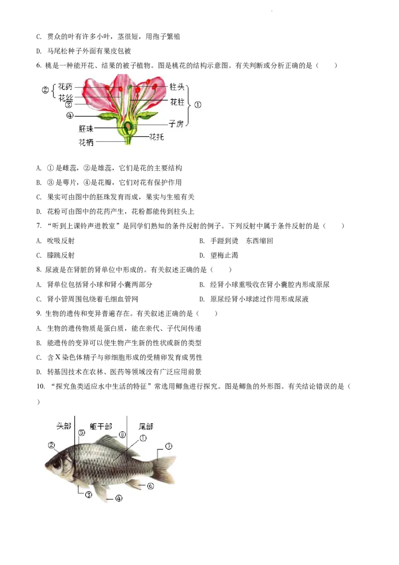 2022年江苏省连云港市中考生物真题（原卷版）_江苏省中考_01江苏省13市中考历年真题2008-2025新_、中考全套_江苏省中考历年真题_江苏中考生物(2010年-2024年）