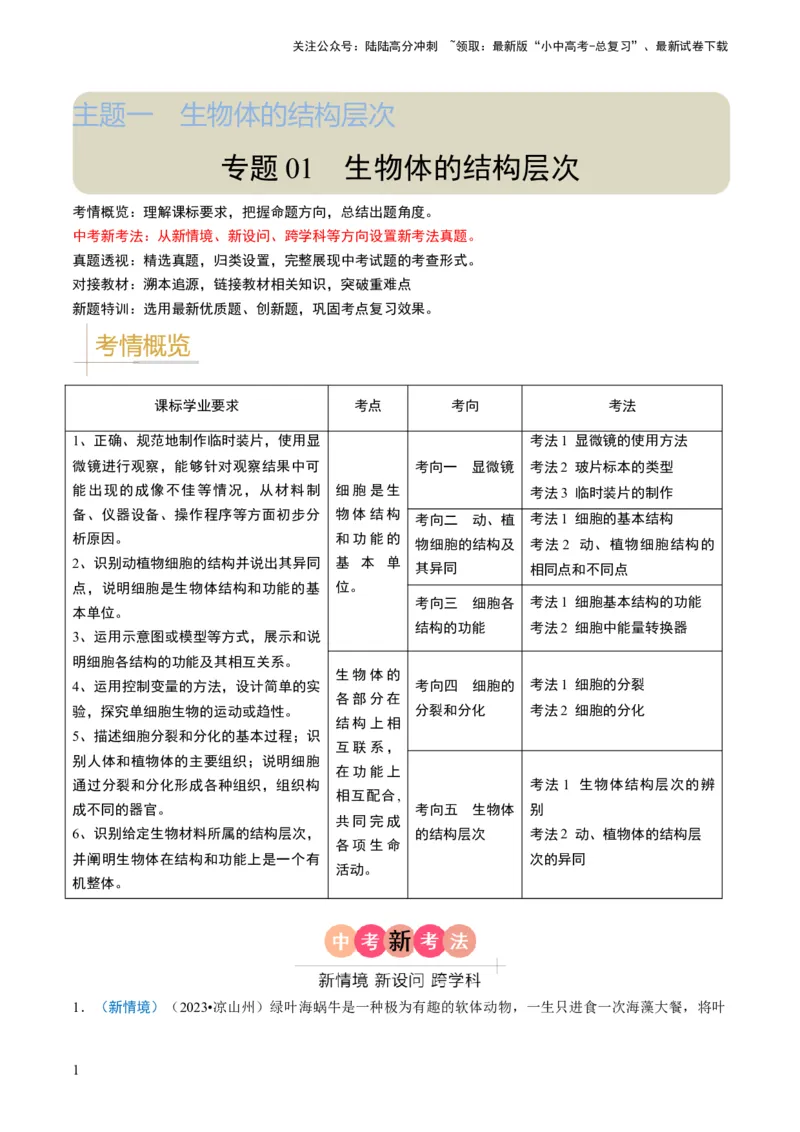 专题01生物体的结构层次（原卷版）_02中考总复习（2026版更新中）_08-生物-中考总复习_2024年中考复习资料_专项复习_备战2024年中考生物真题题源解密
