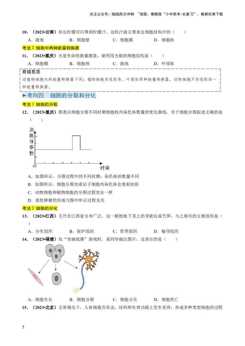 专题01生物体的结构层次（原卷版）_02中考总复习（2026版更新中）_08-生物-中考总复习_2024年中考复习资料_专项复习_备战2024年中考生物真题题源解密