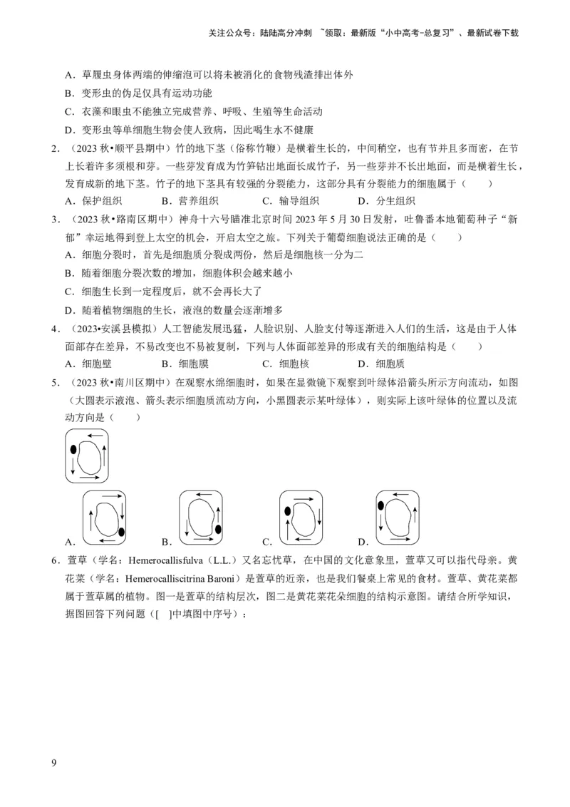 专题01生物体的结构层次（原卷版）_02中考总复习（2026版更新中）_08-生物-中考总复习_2024年中考复习资料_专项复习_备战2024年中考生物真题题源解密