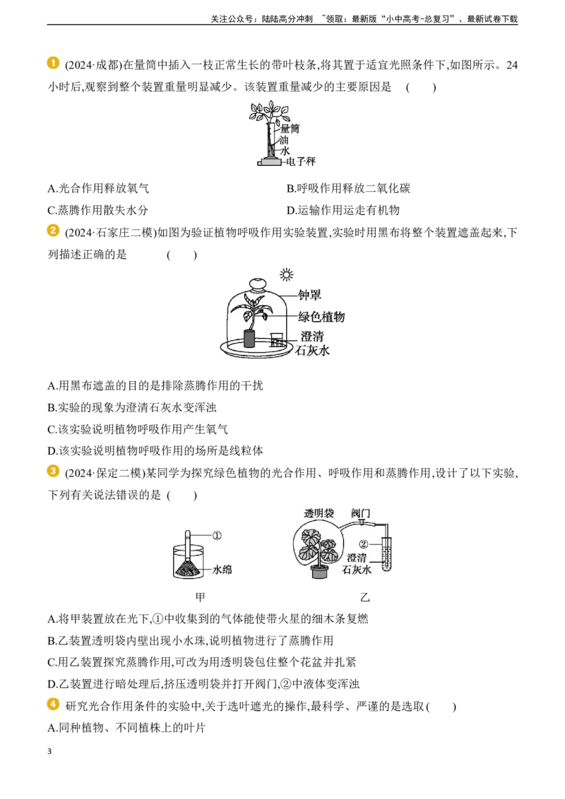 专项01　植物蒸腾作用、光合作用、呼吸作用综合2025年中考生物学专题复习（含答案）_02中考总复习（2026版更新中）_08-生物-中考总复习_2025中考复习资料