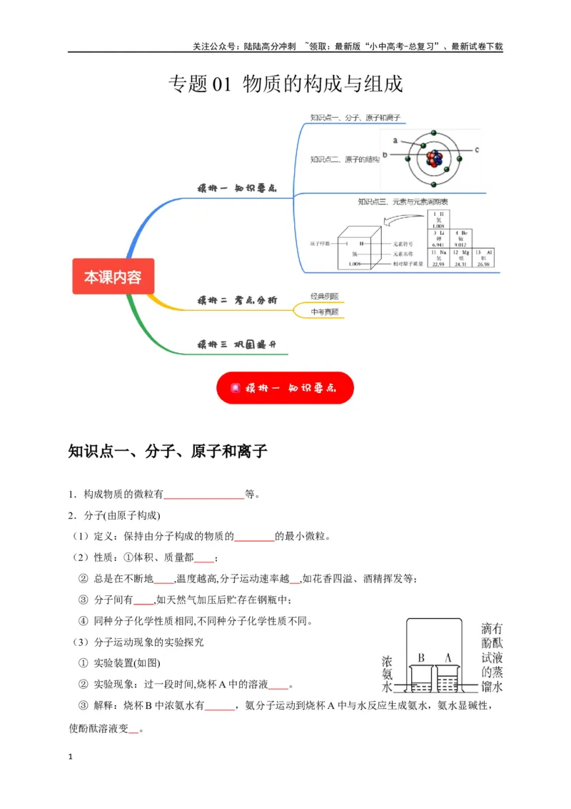 专题01物质的构成与组成（原卷版）_02中考总复习（2026版更新中）_05-化学-中考总复习_2024年中考复习资料_一轮复习资料_完2024年中考化学复习考点一遍过（全国通用）