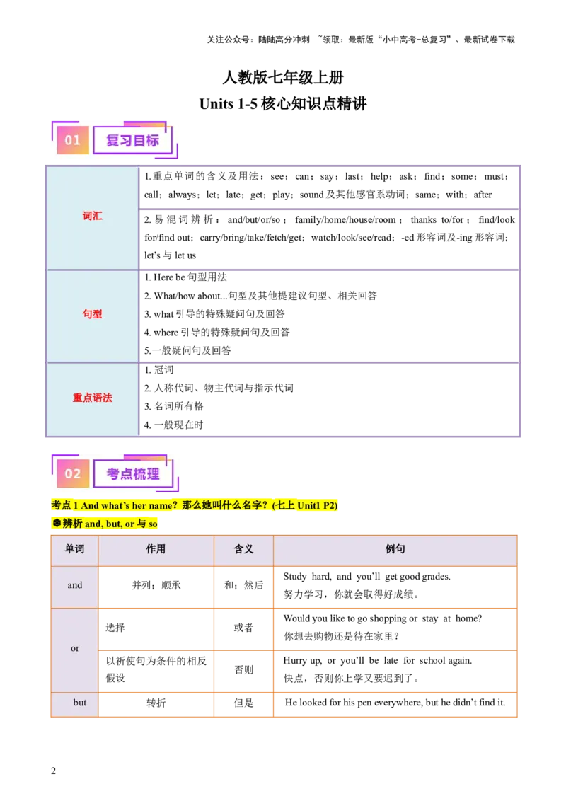 七上Units1-5（讲义）-备战2024年中考英语一轮复习教材梳理（人教版）（教师版）_02中考总复习（2026版更新中）_03-英语-中考总复习_2024年中考复习资料_一轮复习