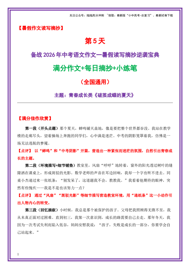 5.第5天主题：青春成长类《破茧成蝶的夏天》（2025年暑假读写摘抄宝典）-备战2026年中考语文作文常见十大母题写作技巧与策略（全国通用）_02中考总复习（2026版更新中）