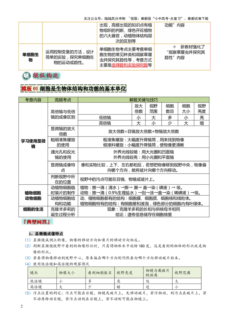 专题02生物体的结构层次（2大模板）（原卷版）_02中考总复习（2026版更新中）_08-生物-中考总复习_2025中考复习资料_2025年中考生物答题方法模板