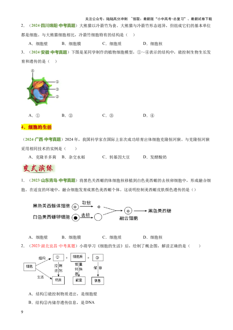 专题02生物体的结构层次（2大模板）（原卷版）_02中考总复习（2026版更新中）_08-生物-中考总复习_2025中考复习资料_2025年中考生物答题方法模板