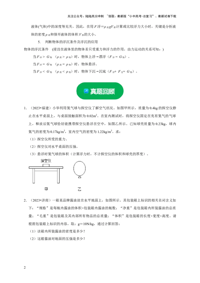 专题03压强和浮力问题（原卷版）_02中考总复习（2026版更新中）_04-物理-中考总复习_2024年中考复习资料_二轮复习_（讲义+练习）2024年中考物理二轮题型专项复习