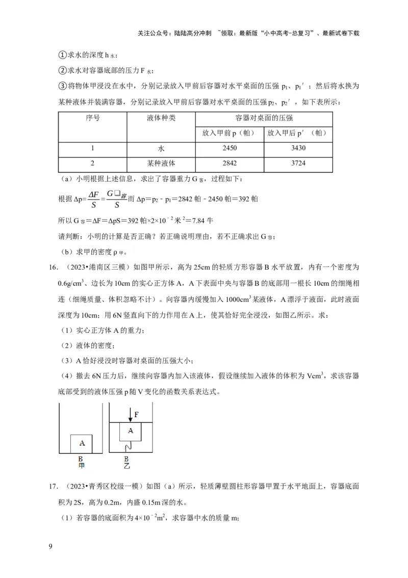专题03压强和浮力问题（原卷版）_02中考总复习（2026版更新中）_04-物理-中考总复习_2024年中考复习资料_二轮复习_（讲义+练习）2024年中考物理二轮题型专项复习